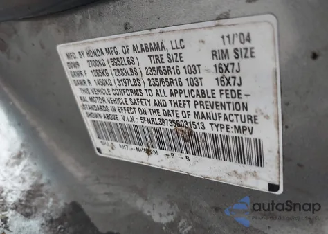 2005 Honda Odyssey Ex-L из США, поврежденный, VIN 5FNRL38735B031513